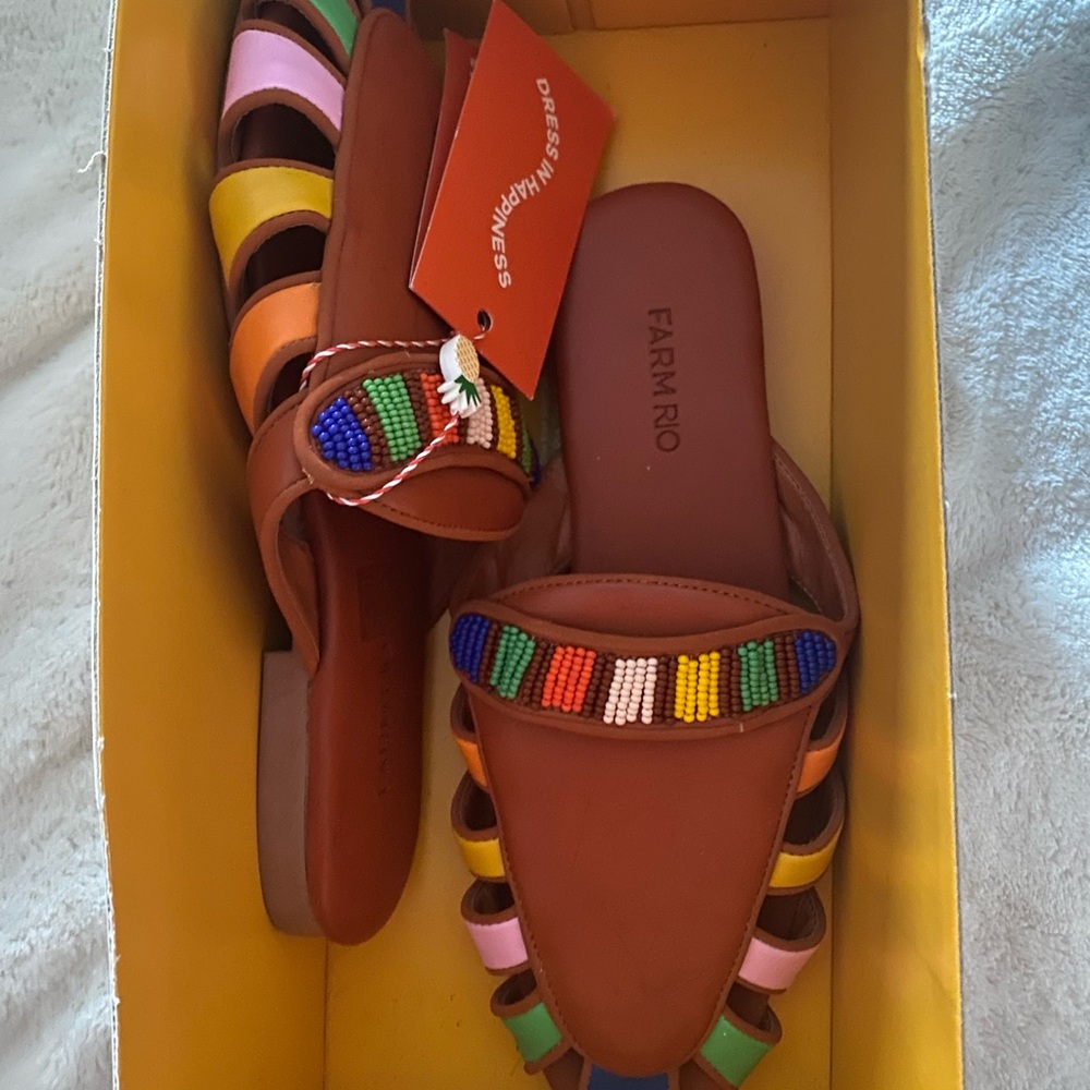 Farm Rio Rainbow Beaded Vegan Cutout Leather Mules Sz. 9
